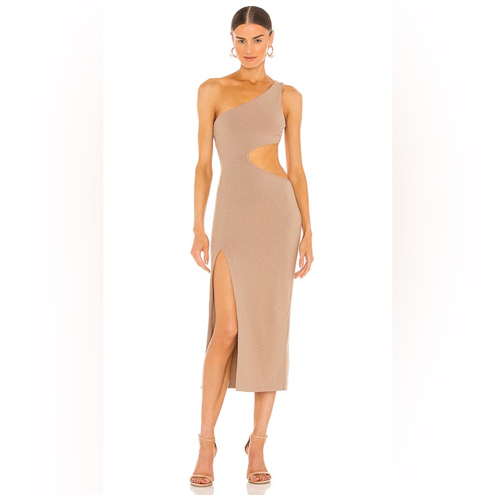 H:ours x Revolve Almira Tan One-Shoulder Midi Cutout Dress Small